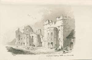 Tutbury Castle - Binnenplaats: pen en was tekening, 27 nov 1837 door Thomas Peploe Wood