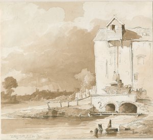 Tutbury Castle: Verre uitzicht vanaf de rivier de Dove: potlood en was tekening, 1836