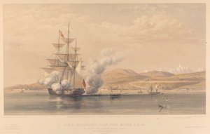 H.M.S. Highflyer Kapitein John Moore C.B. &c. voor anker bij Soukoum Kaleh-Abasia, Omar Pasha verlaat het schip, oktober 1855 door Thomas Picken