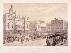 Overhandiging van de Krimoorlogsmedaille door koningin Victoria aan kolonel Sir Thomas Trowbridge, 18 mei 1855