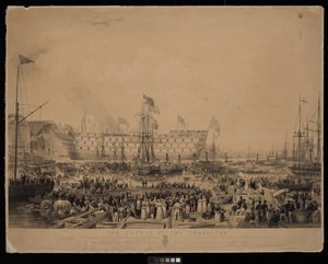 De lancering van de Trafalgar, in aanwezigheid van Hare Majesteit Koningin Victoria en Zijne Koninklijke Hoogheid Prins Albert, bij H.M. Dock Yard, Woolwich door Thomas Picken