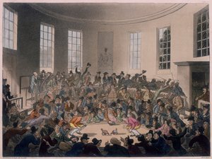 Mannen kijken naar een hanengevecht, laat 18e - begin 19e eeuw door Thomas Rowlandson, Augustus Charles Pugin