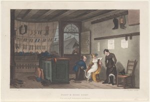 Boot & Shoe Shop, uit Poetical Sketches of Scarborough, 1813 door Thomas Rowlandson, Joseph Constantine Stadler, J. Bluck
