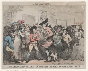 Een held uit de Box Lobby, De gebrandmerkte pestkop, of De ezel ontdaan van de leeuwenhuid. door Thomas Rowlandson