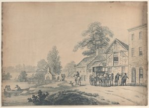 Een koets buiten een herberg