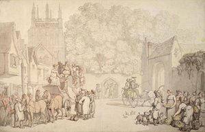 Een koets die zich voorbereidt om Canterbury Gate, Christ Church, Oxford te verlaten, ca. 1810-15