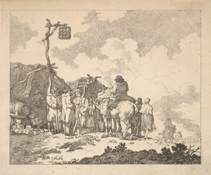 Een kermis - Een groep zigeuners - Mannen en vrouwen in rustieke kleding voor twee geïmproviseerde tenten, 1786 door Thomas Rowlandson