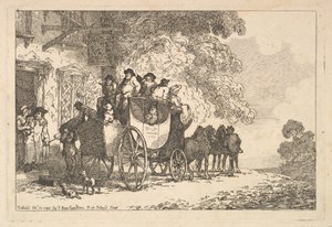 Een volgeladen postkoets voor een poststation door Thomas Rowlandson