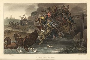 Een reis naar Scarbro: Een koets overladen met bagage en passagiers rijdt een vijver in. Handgekleurde kopergravure door Thomas Rowlandson, aquatint door J. Bluck, naar een schets van J. Green uit Poetical Sketches of Scarborough, Ackermann, Londen