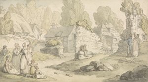 Een Dorpsscène met Figuren en Verwoeste Gebouwen door Thomas Rowlandson