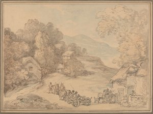 Een dorp in een heuvelachtig landschap door Thomas Rowlandson