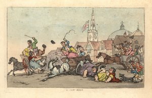 Een wagenrace in een Engelse stad met een ongeluk op de voorgrond door Thomas Rowlandson