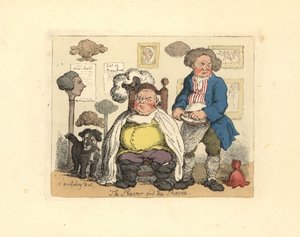 Barbier en klant in een kapperszaak versierd met pruiken