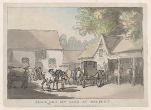 Binnenplaats van de Zwarte Hond Herberg in Belfont door Thomas Rowlandson