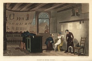 Laarzen- en schoenenwinkel: Vrouwelijke klanten passen schoenen en laarzen bij de schoenmaker van Leatherhead. Handgekleurde kopergravure door Thomas Rowlandson, aquatint door J.C. Stadler, naar een schets van J. Green uit Poetical Sketches of Scarborough, door Thomas Rowlandson