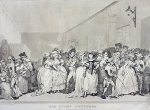 Box Lobby Loungers, geëtst door Rowlandson naar een ontwerp van Henry Wigstead, uitgegeven door John Raphael Smith, 1786 door Thomas Rowlandson