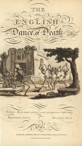 Kalligrafische titel en vignet van skeletten die dansen met tamboerijnen en hoorns op een kerkhof bij een vervallen kerk. Handgekleurde kopergravure door Thomas Rowlandson uit The English Dance of Death, Ackermann, Londen door Thomas Rowlandson