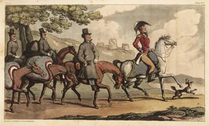 Kapitein Johnny Newcome en zijn bedienden met pakpaarden op weg naar Santarem, Portugal, om terug te keren naar de Peninsula Campaign. Handgekleurde kopergravure getekend en geëtst door Thomas Rowlandson uit Colonel David Roberts
