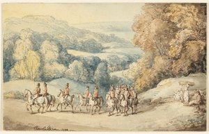Cavalerie op mars (recto); Fragment van schets van paard (verso) door Thomas Rowlandson