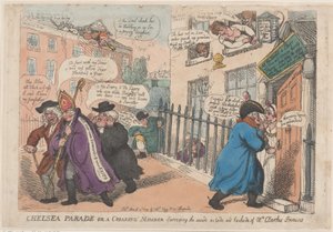 Chelsea Parade of een kwakende lid bekijkt de binnenkant, buitenkant en achterkant van, 4 maart 1809 door Thomas Rowlandson