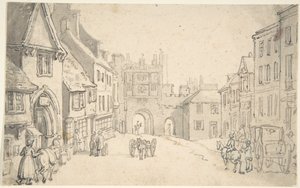 Stadsgezicht met middeleeuwse poort (misschien York)