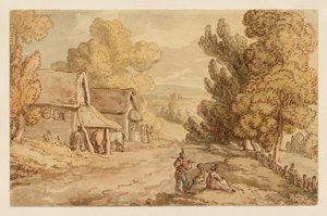 Huisje en schuur met figuren die langs een landweg rusten door Thomas Rowlandson