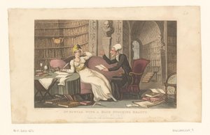 Doctor Syntax met een vrouw in een bibliotheek door Thomas Rowlandson