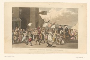 Doctor Syntax rijdt op zijn paard mee met een charivari door Thomas Rowlandson