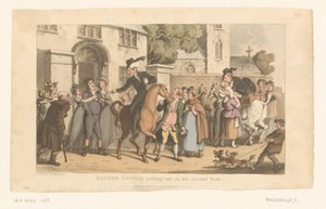 Doctor Syntax vertrekt op zijn paard uit het dorp door Thomas Rowlandson