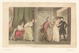Doctor Syntax wordt door een deur geleid door twee vrouwen door Thomas Rowlandson