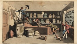 Dronken Johnny achtervolgd door nachtwakers in een kruidenierswinkel op het punt om in een vat boter te vallen. Handgekleurde kopergravure door W. Read naar een illustratie van Thomas Rowlandson uit Alfred Burton