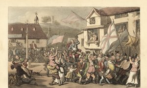 Engelse heer gedragen in een draagstoel voor een verkiezing door Thomas Rowlandson