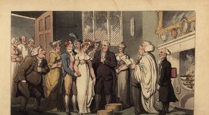 Engelse heer trouwt met zijn bruid in een statig huis door Thomas Rowlandson