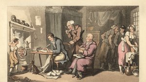 Engelse heer die een bedelbrief schrijft in een vervallen salon door Thomas Rowlandson