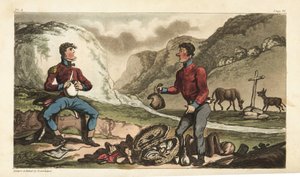Vaandrig Johnny Newcome en zijn onderofficier ontbijten met ham, rundvlees, biscuit en brandewijn langs de weg in Portugal. Handgekleurde kopergravure getekend en geëtst door Thomas Rowlandson uit Colonel David Roberts