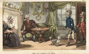 Vaandrig Johnny Newcome keert terug naar Engeland met ziekteverlof van de Peninsula Campagne. Handgekleurde kopergravure getekend en geëtst door Thomas Rowlandson uit Colonel David Roberts