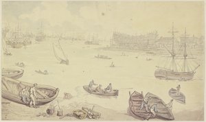 Rivier met veel schepen en een scheepswerf door Thomas Rowlandson