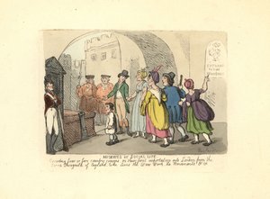 Heer begeleidt plattelandsneven op hun eerste reis naar Londen door Thomas Rowlandson