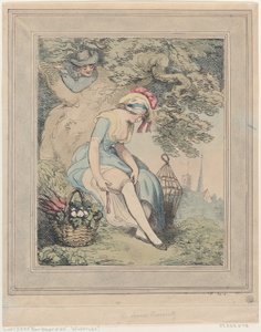 Meisje met een Mand en Vogelkooi die Haar Kousenband Aanpast door Thomas Rowlandson
