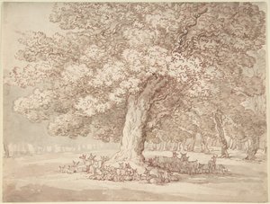 Een kudde herten onder een eik door Thomas Rowlandson
