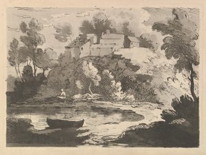 Heuvelachtig rivierlandschap, een boot in het water op de voorgrond links, een figuur aan de verre oever door Thomas Rowlandson