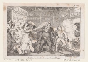 Hostess giet een pan bloed in het gezicht van dominee Andrews, uit The Adventures of..., 1792