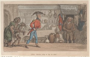Johnny Newcome gaat voorraad inslaan, uit De militaire avonturen van Johnny Newcome, 1815 door Thomas Rowlandson
