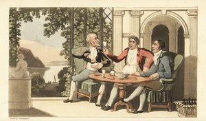 Johnny en vrienden drinken en zingen op een terras met uitzicht op de rivier de Theems. Handgekleurde kopergravure door Thomas Rowlandson uit William Combe