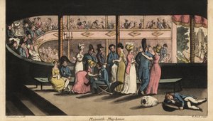 Johnny en andere adelborsten op walverlof wachten op een toneelstuk in Plymouth Playhouse door Thomas Rowlandson