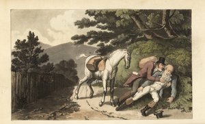 Johnny helpt een reiziger die van zijn paard is gevallen door Thomas Rowlandson