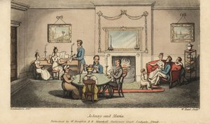 Johnny het hof makend aan Maria in een salon terwijl anderen kaarten spelen en liedjes zingen bij de haard door Thomas Rowlandson