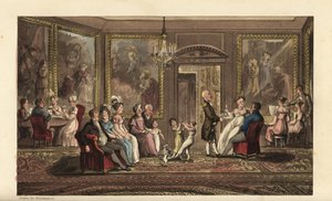 Johnny geeft een groot feest. Sociaal evenement in een groot herenhuis, met gasten die kaarten spelen, liedjes zingen, praten, dansen en socialiseren. Handgekleurde kopergravure door Thomas Rowlandson uit William Combe