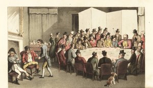 Johnny in dienst bij een herenclub, wijn serveren aan leden terwijl anderen gokken op kaartspellen aan een grote speeltafel. Handgekleurde kopergravure door Thomas Rowlandson uit William Combe