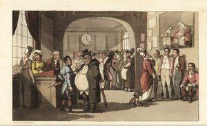 Johnny op zoek naar werk bij een registratiekantoor voor huispersoneel. Mannen en vrouwen met monocles onderzoeken portiers, dienstmeisjes en ander personeel. Handgekleurde kopergravure door Thomas Rowlandson uit William Combe